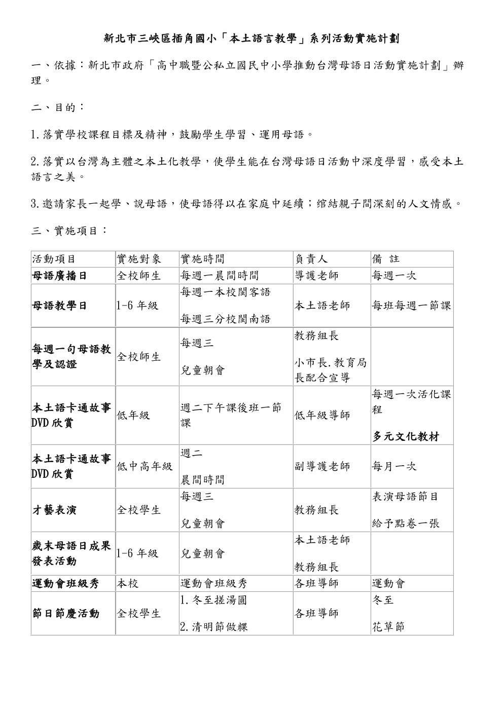 新北市三峽區插角國小「本土語言教學」系列活動實施計劃1