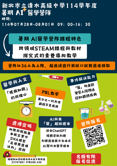 【訓育】新北市立清水高中114年暑期AI +醫學營隊招生訊息圖片